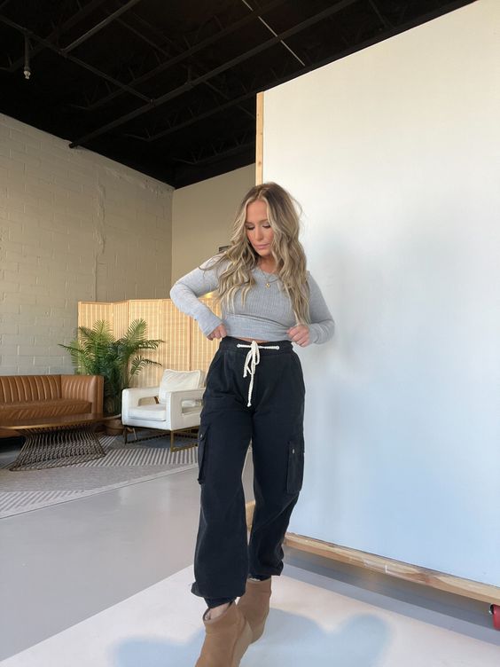 Black Cargo Pants and Grey Fitted Top